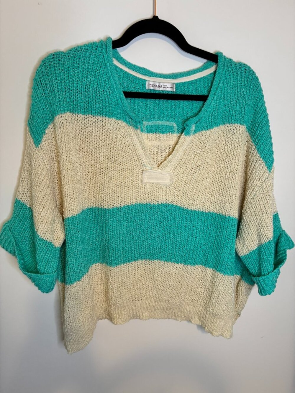 Zenana Teal & Cream Colorblock Open Knit Sweater L/XL